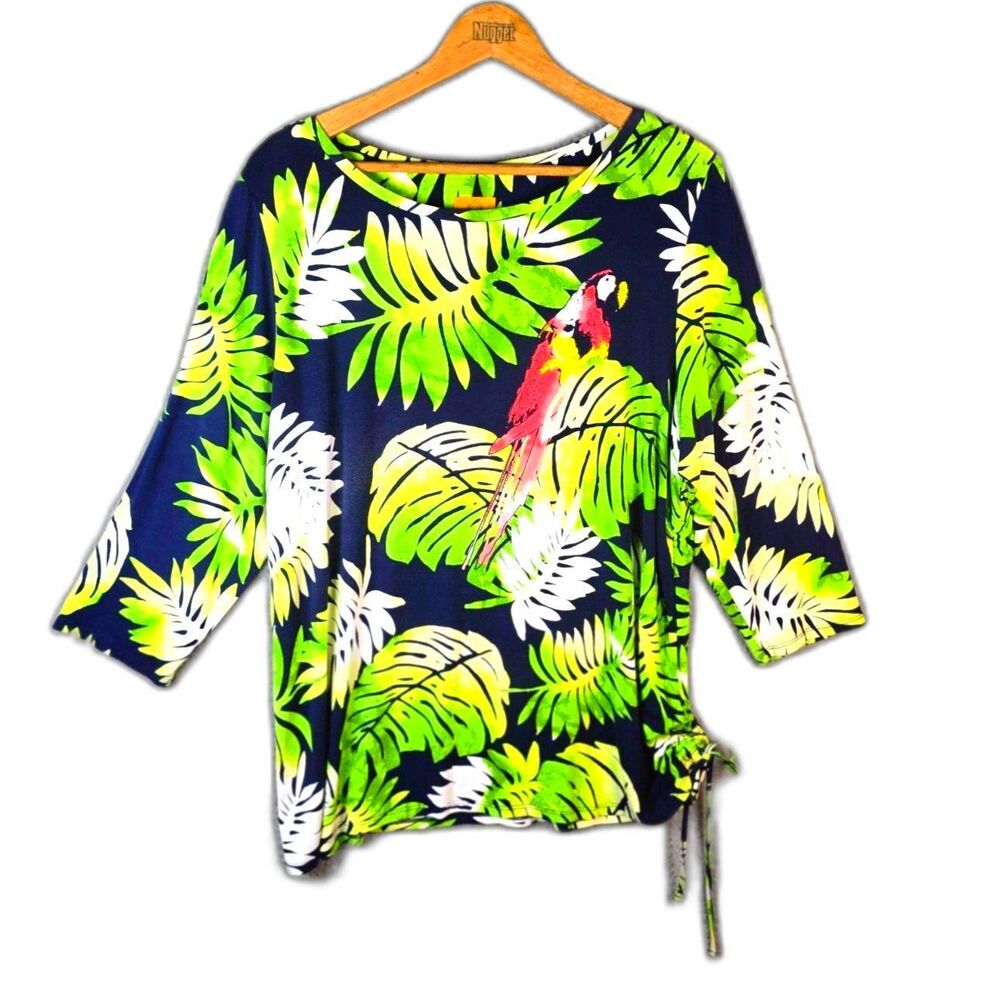 Ruby Rd Woman Tropical Parrot Top Blue Green 1X Ruched Side Tie Rayon